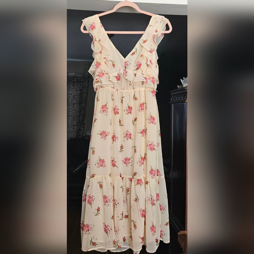 Black Tape Cream Tea dress with pink rosettes (M)